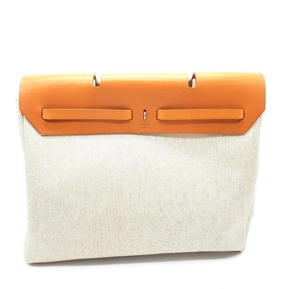 HERMES 2WAY Hand Bag HerbagMM Shoulder Bag Toile Officier/Leather Brown/Natural - Picture 9 of 12
